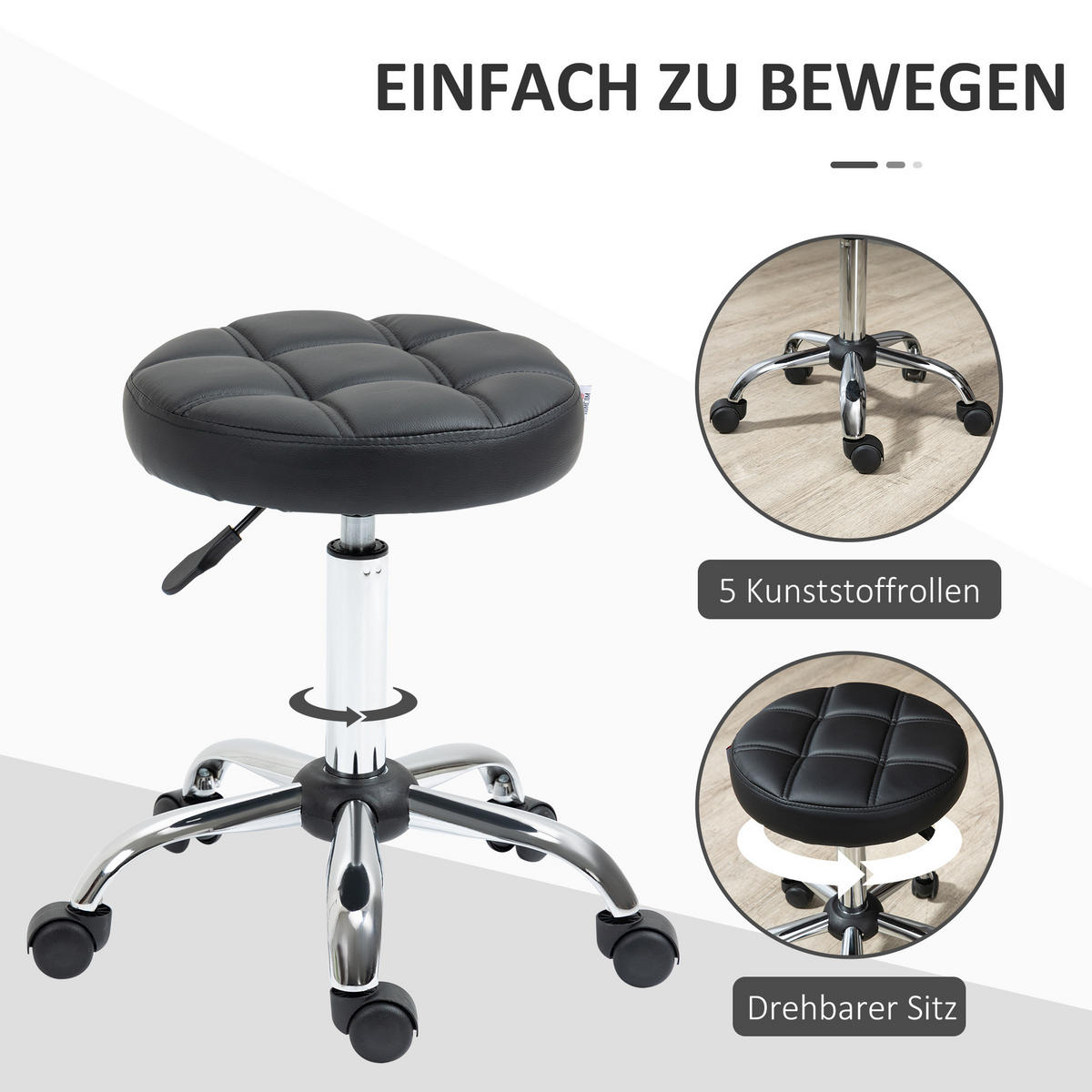 ROLLHOCKER Höhenverstellbarer Arbeitshocker, Drehbarer Salon Hocker für Büro - Schwarz, Leder (35.5/67/35.5cm) - HOMCOM