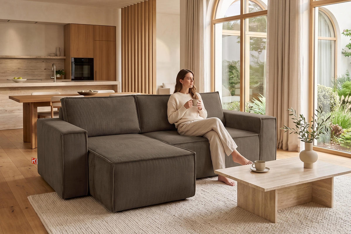 ECKSOFA-LINKS/RECHTS NAPI Schlaffunktion mit Cordbezug, braun - Schwarz/Braun, Textil (262/148cm) - KONSIMO®