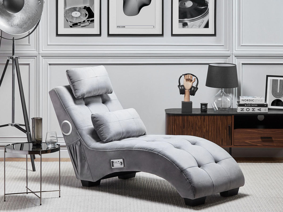 ČALOUNĚNÉ LEHÁTKO CHAISE LONGUE Sametová látka Šedé Simorre - světle šedá, textil (157/82/66cm) - Beliani