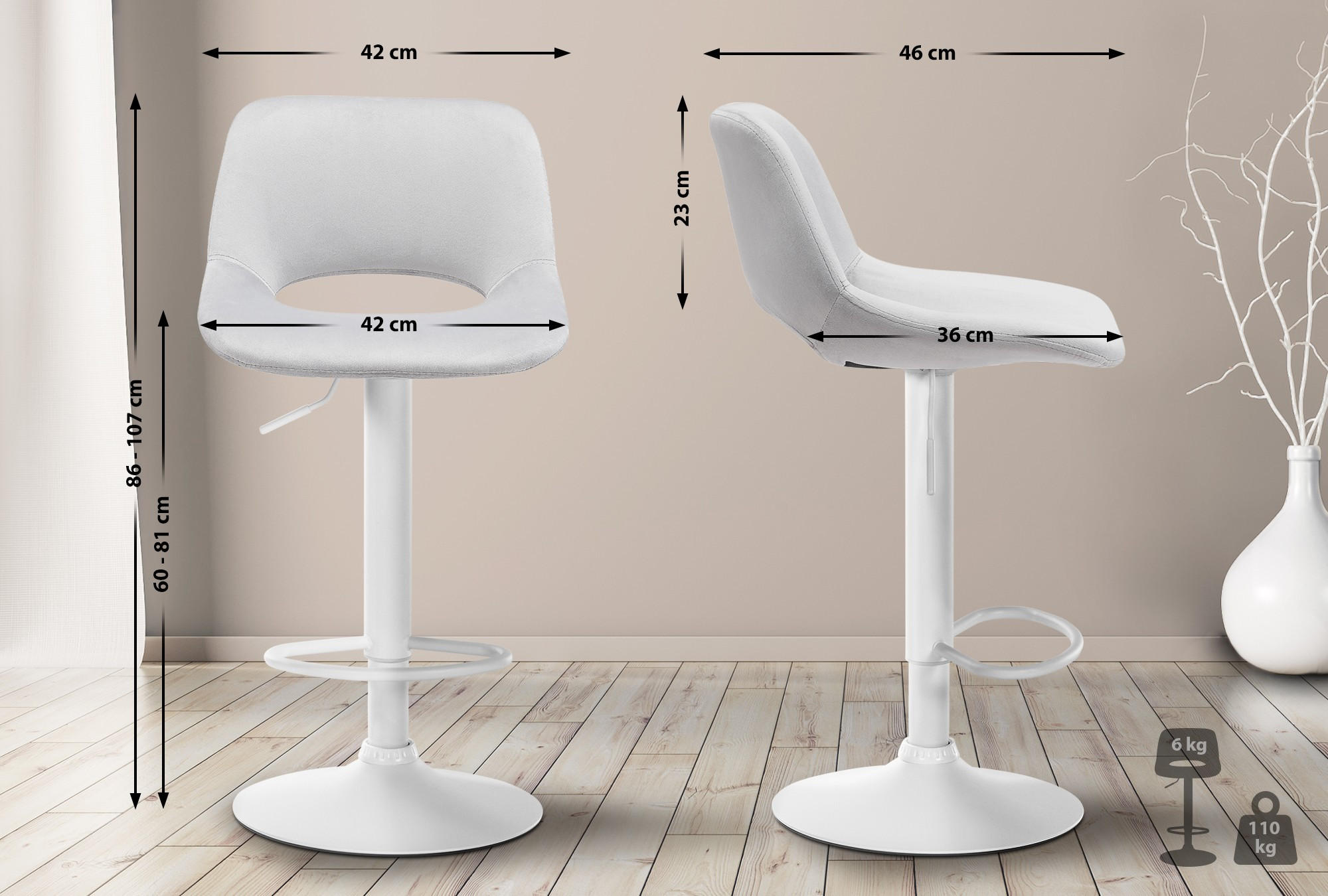 BARHOCKER JAKSON Hellgrau Samt Weiß - Hellgrau, Textil/Metall (42/86/46cm) - DELUKE