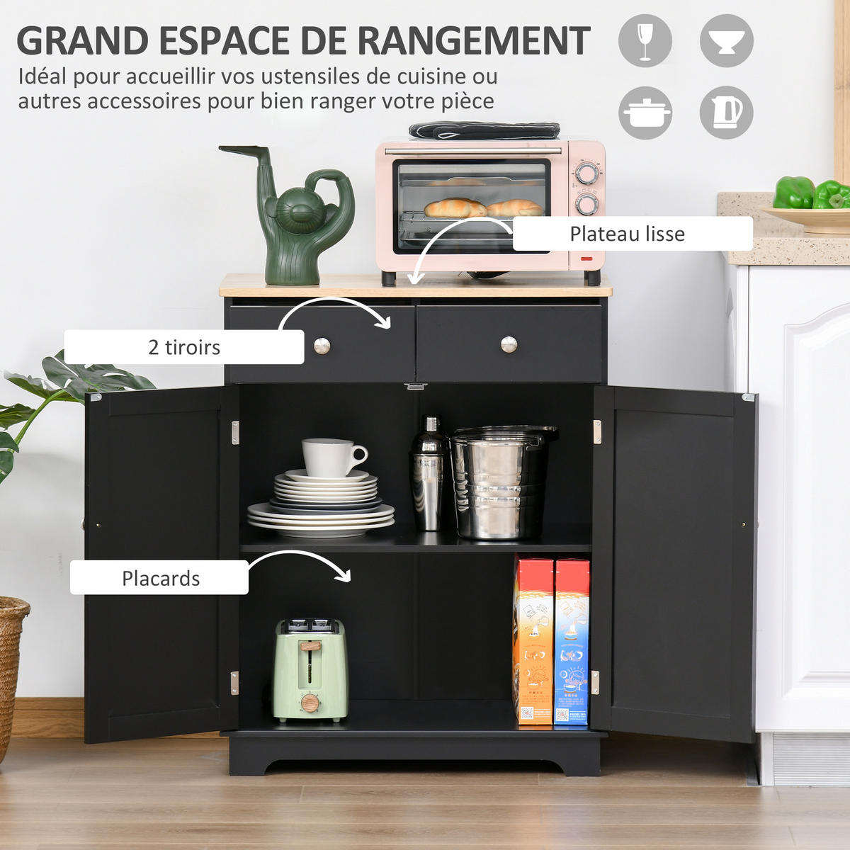 SIDEBOARD Schwarz und Naturholz, 2 Türen, 2 Schubladen, 68/40,3/85 cm - Schwarz, Holz (68/85/40.3cm) - PANGIVO