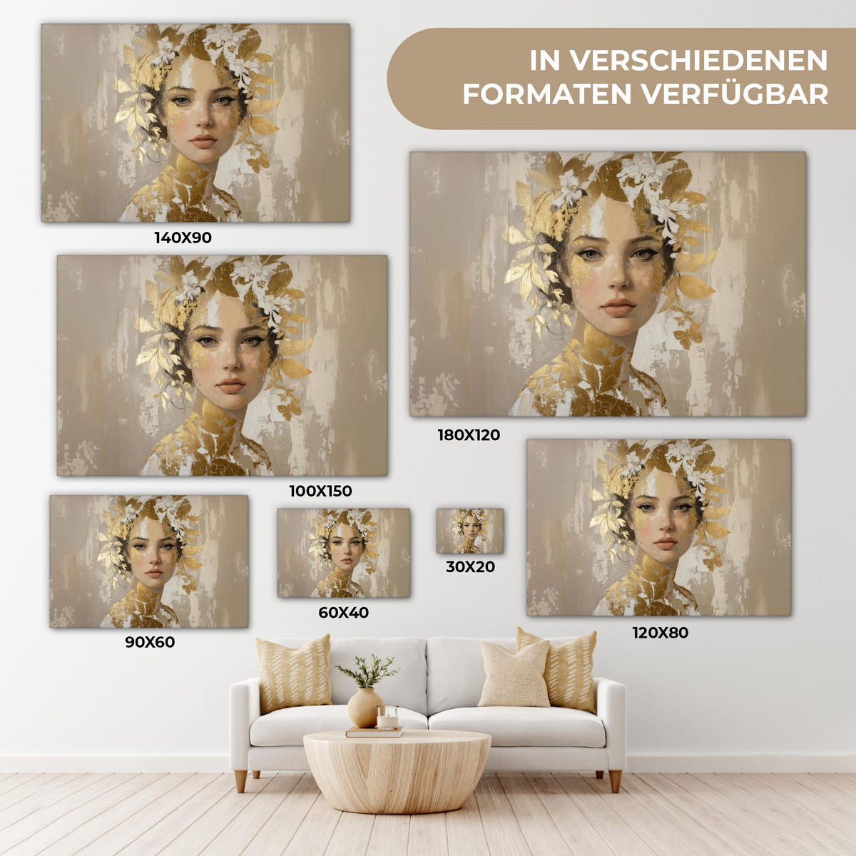 LEINWANDBILD Gesicht - Frau - Blätter - Gold Wohnzimmer Groß 120x80 cm - Beige, Textil (120/80cm) - MuchoWow