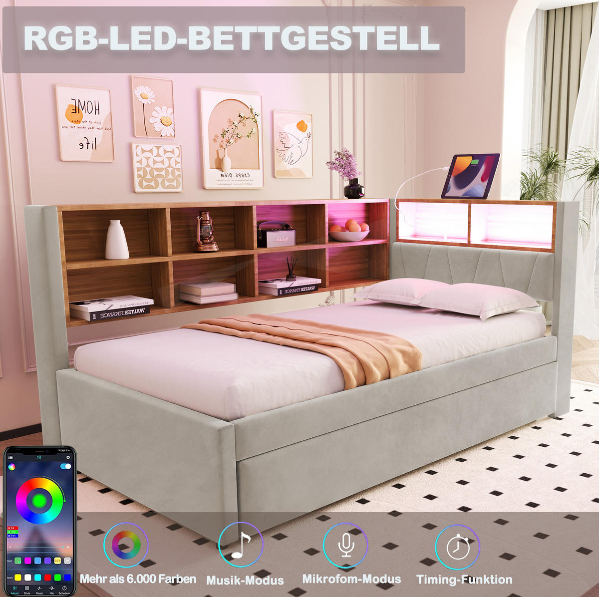 POLSTERBETT 90/200 cm Hellgrau aus Flanell mit Ausziehbett und LED-Beleuchtung - Hellgrau, Textil (90/200cm) - OKMYHOME