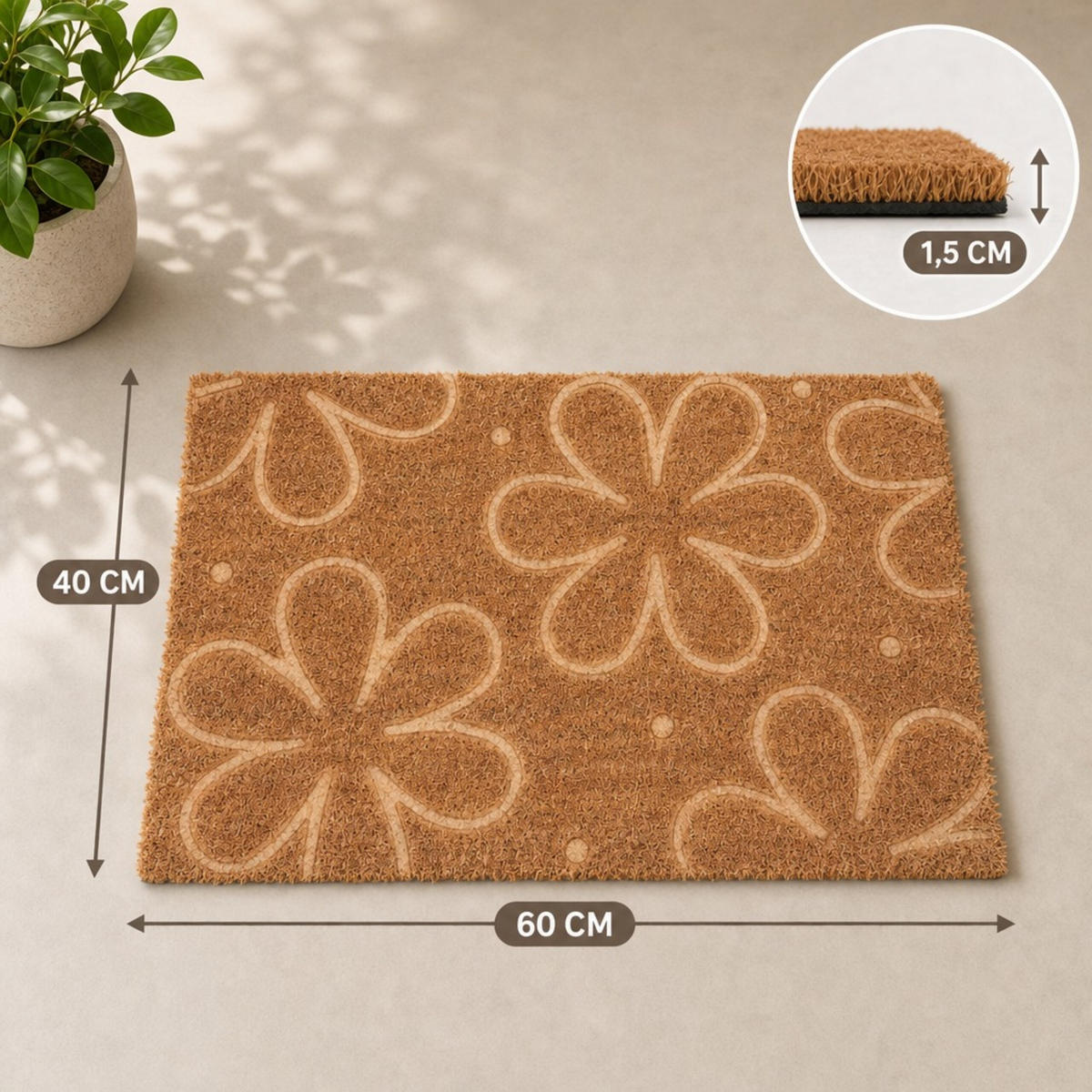 FUSSMATTE Natur Kokosfaser rutschfest 60x40 cm - Hellbraun, Kunststoff/Textil (60/40cm) - Relaxdays