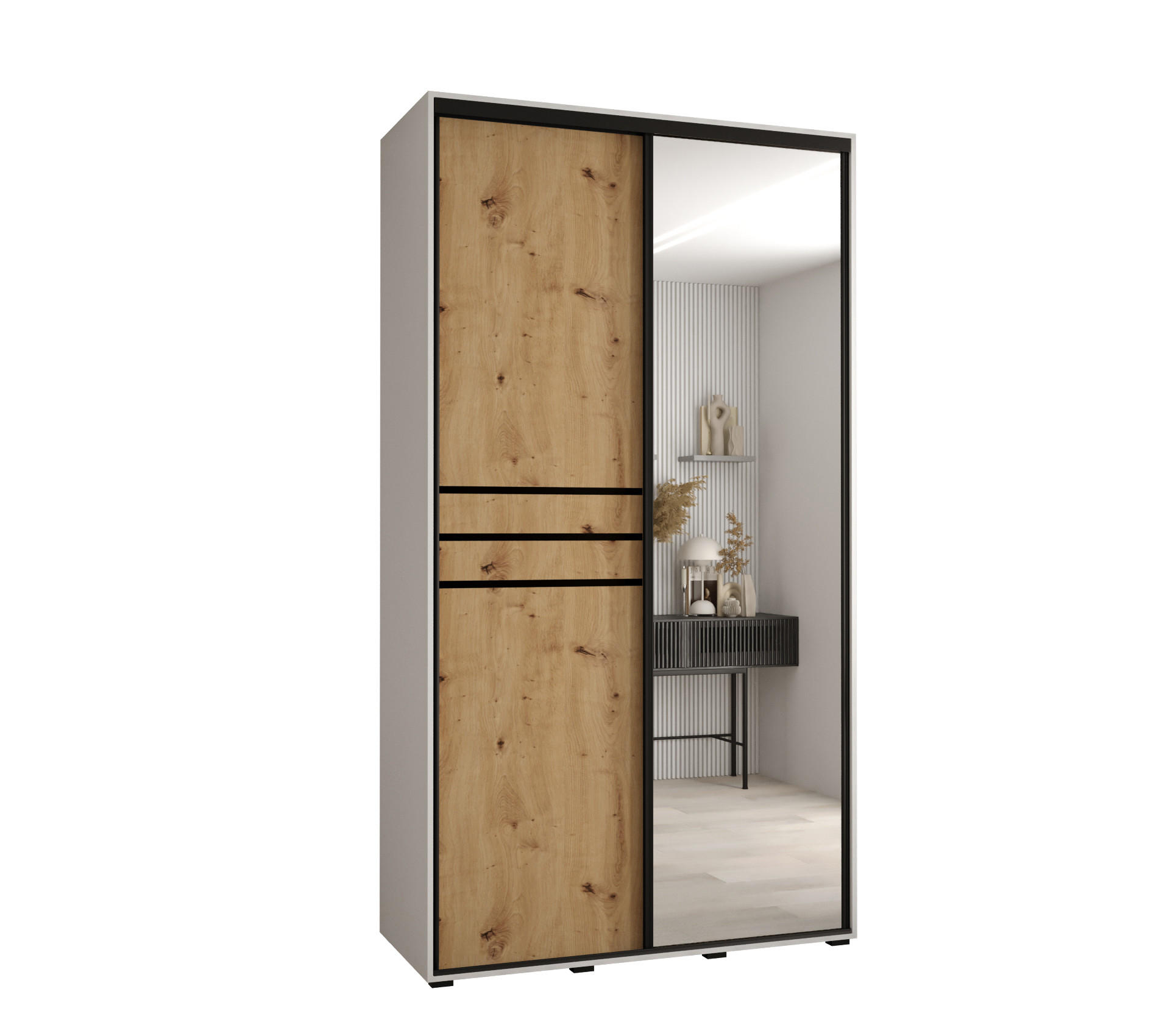 Abiks Möbel Schwebetürenschrank Weiß, Eiche Artisan, Schwarz 130x235x45 cm