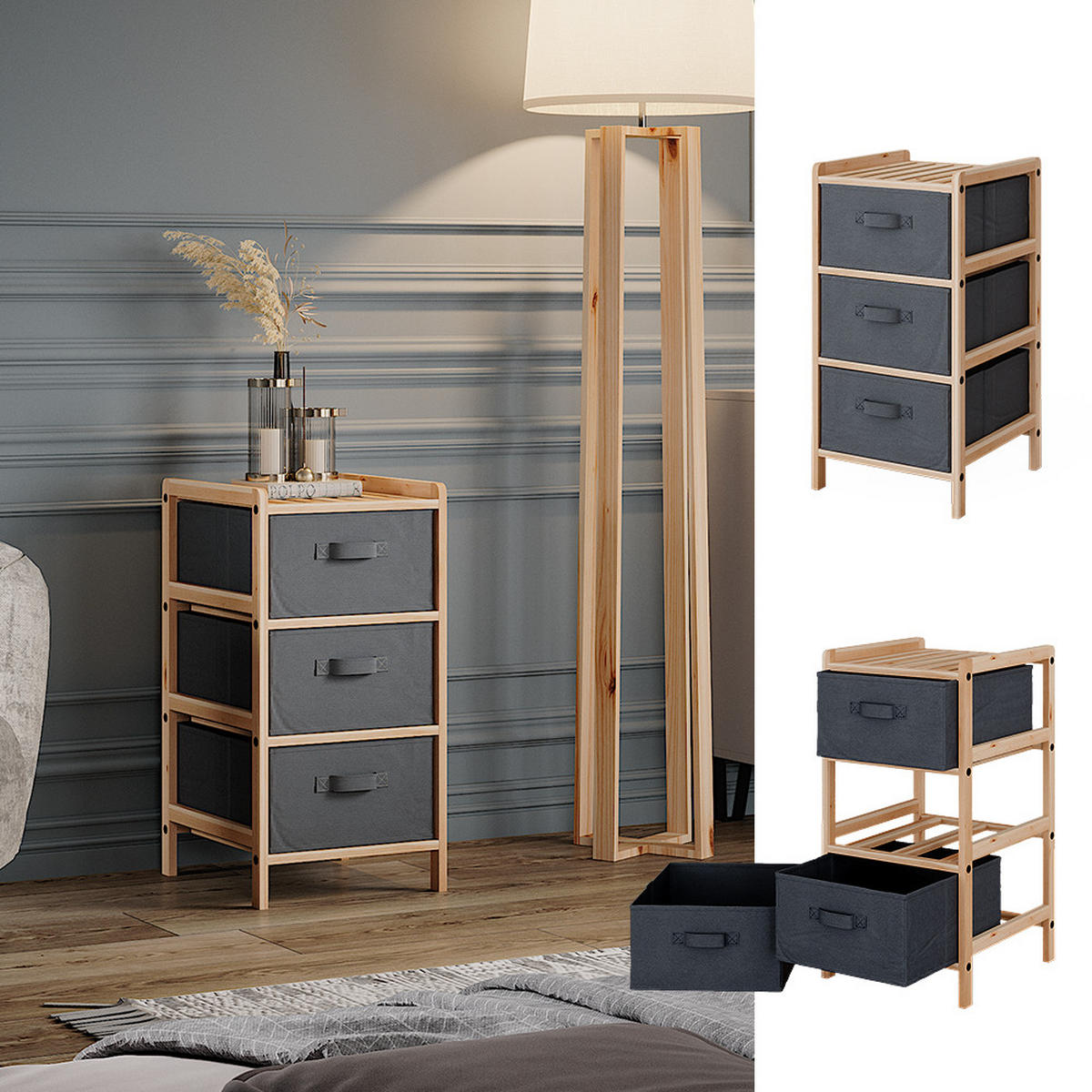 KOMMODE Bruno Grau 34.5 x 67 cm mit 3 Stoffschubladen - Naturfarben/Grau, Holzwerkstoff (34.5/67/36.5cm) - Vicco