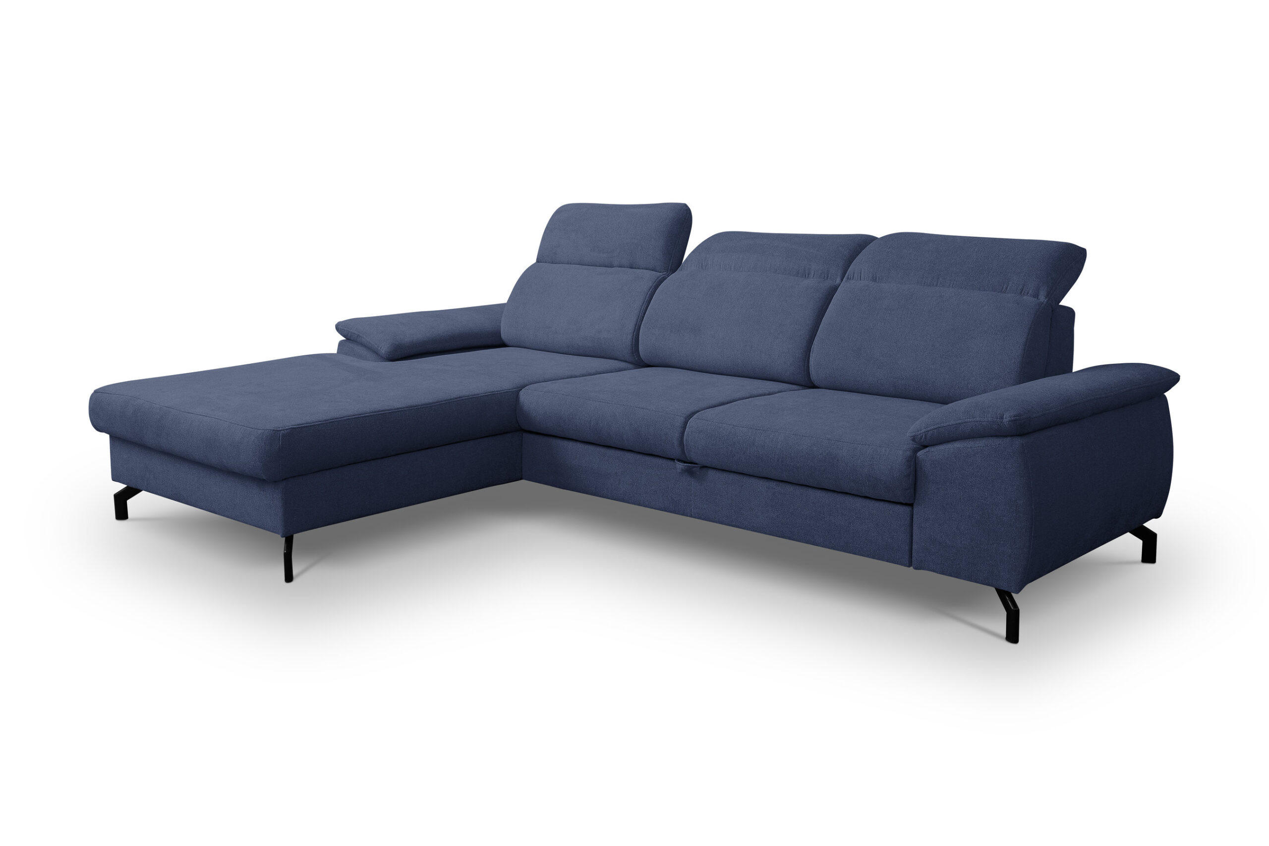 ECKSOFA MALIBU mit Schlaffunktion und Bettkasten, Farbe: Blau , Velourstoff, Ottomane Links - Blau, Textil (276/184cm) - VENASI MÖBEL