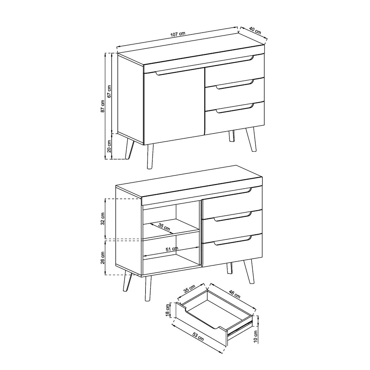 SIDEBOARD SUDBURRY KOM2-1D3S Fronten, aus MDF-Platte, Eiche - Eichefarben, Holzwerkstoff/Kunststoff (107/83/40cm) - Komodee