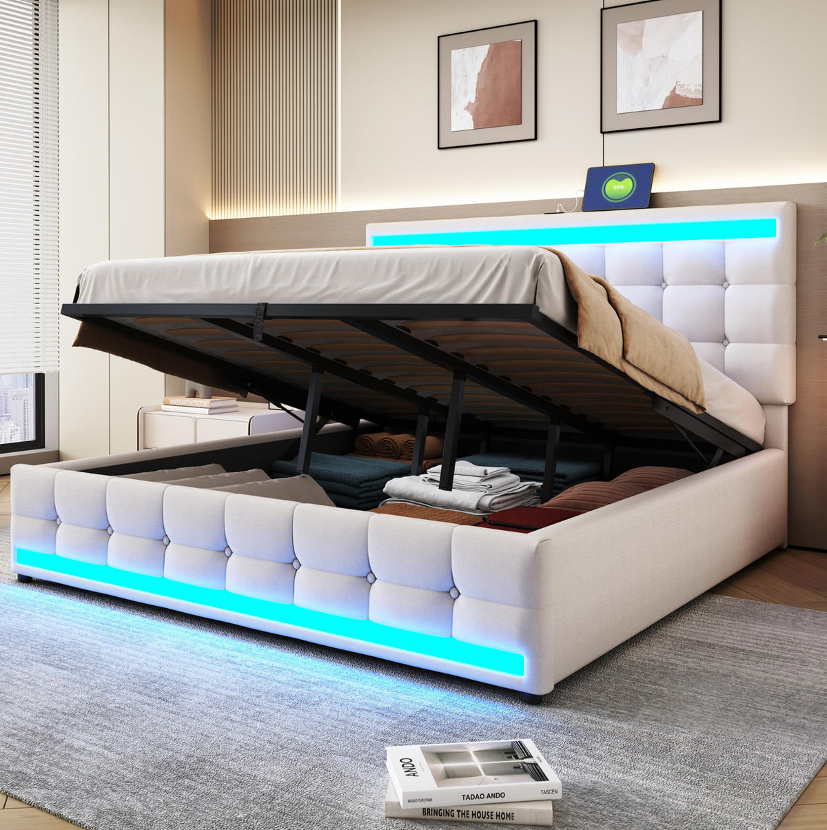 ČALOUNĚNÁ postel 180/200 cm, béžová, lněný vzhled, s LED osvětlením a USB - béžová, textil (180/200cm) - BEAOK