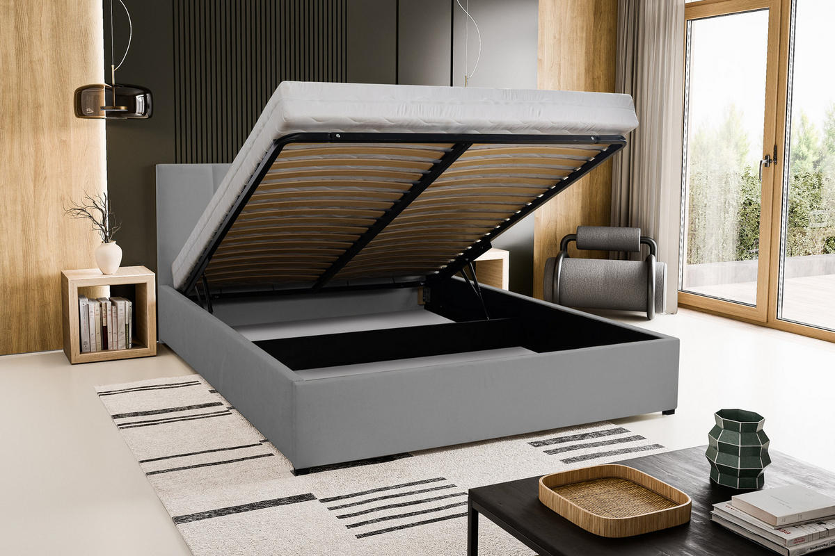 POLSTERBETT LISA mit Kopfteil, 180 x200 cm, Doppelbett mit Bettkasten und Lattenrost aus Velourstoff, Velourstoff, Frabe: Grau - Grau, Holz/Kunststoff (180/200cm) - VENASI MÖBEL
