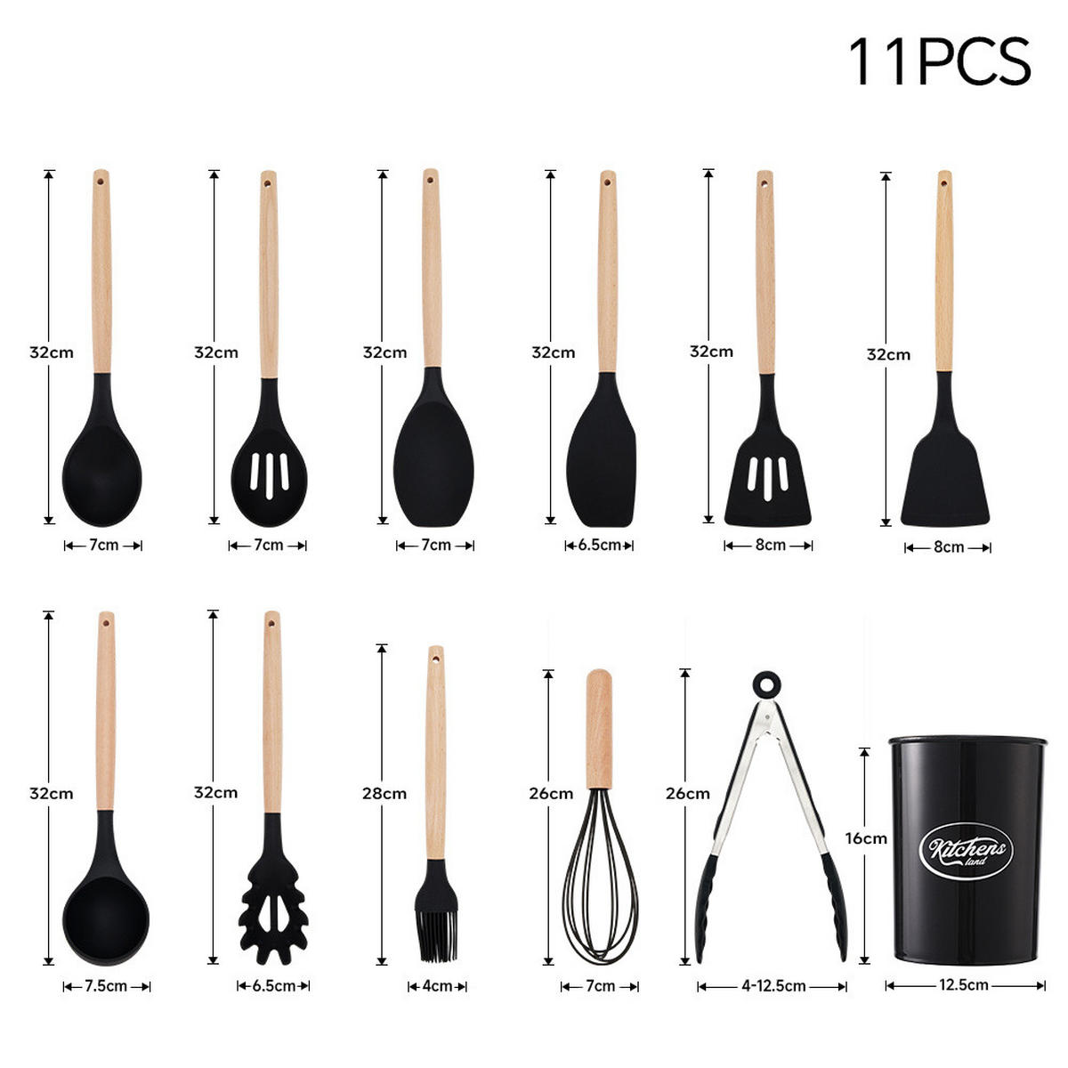 KÜCHENUTENSILIEN 11er-Set Holzhandgriff Silikon Schwarz - Schwarz, Holz/Kunststoff (13/34/12.5cm) - Livingandhome