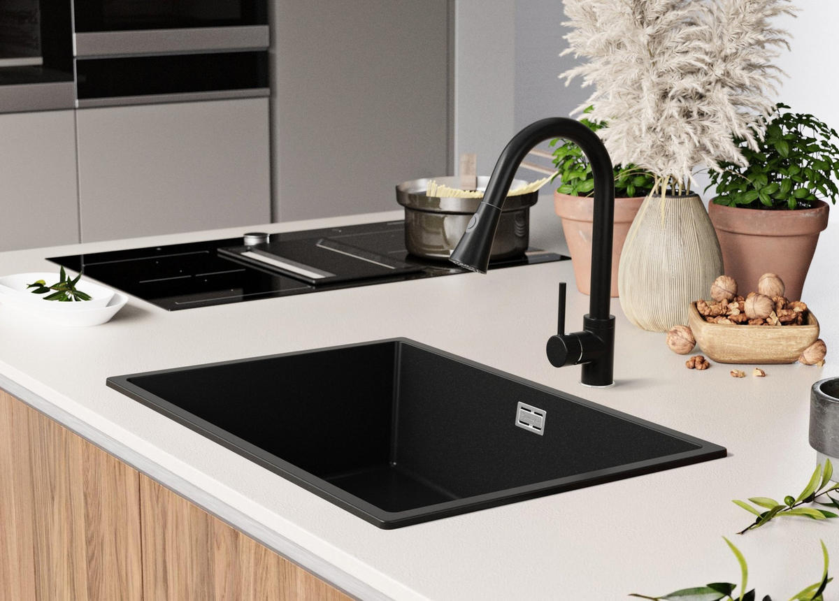 SPÜLBECKEN London Slim, 2-er set Alles Schwarz 66/47 cm 1 Becken + Ablauf-Set ab 70er Unterschrank - Schwarz, Kunststoff (66/20/47cm) - Primagran