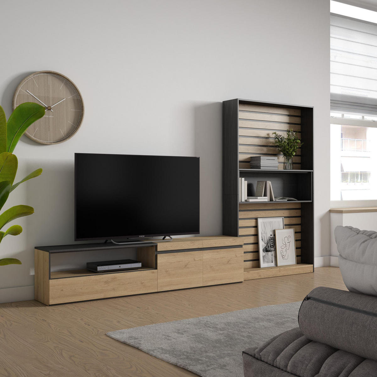 WOHNWAND Wohnzimmer, eiche, schwarz, 310/35/186cm - Eichefarben/Beige, Holzwerkstoff (310/186/35cm) - Skraut Home