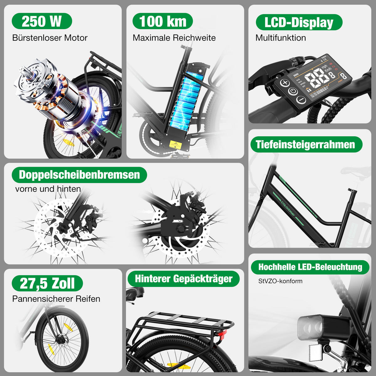 ELEKTROFAHRRAD BK8SL 27,5 Zoll mit LCD-Display ,maximale Reichweite 100 km - Schwarz, Metall (76cm) - COLORWAY