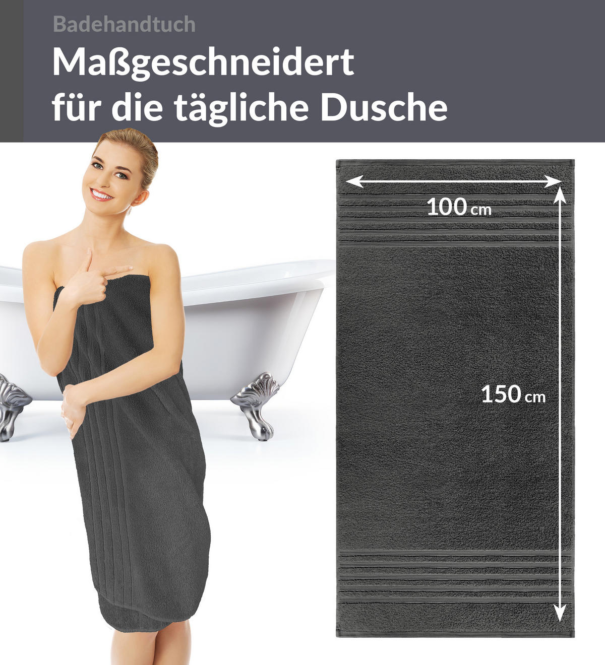 BADETUCH London Anthrazit Grau 2er Set 100x150 - Anthrazit, Textil (100/150cm) - Lashuma