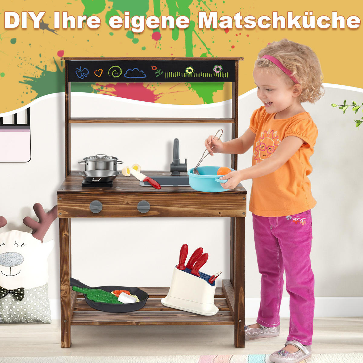 KINDERKÜCHE Outdoor Natur - Naturfarben, Holz (65/40/96cm) - COSTWAY