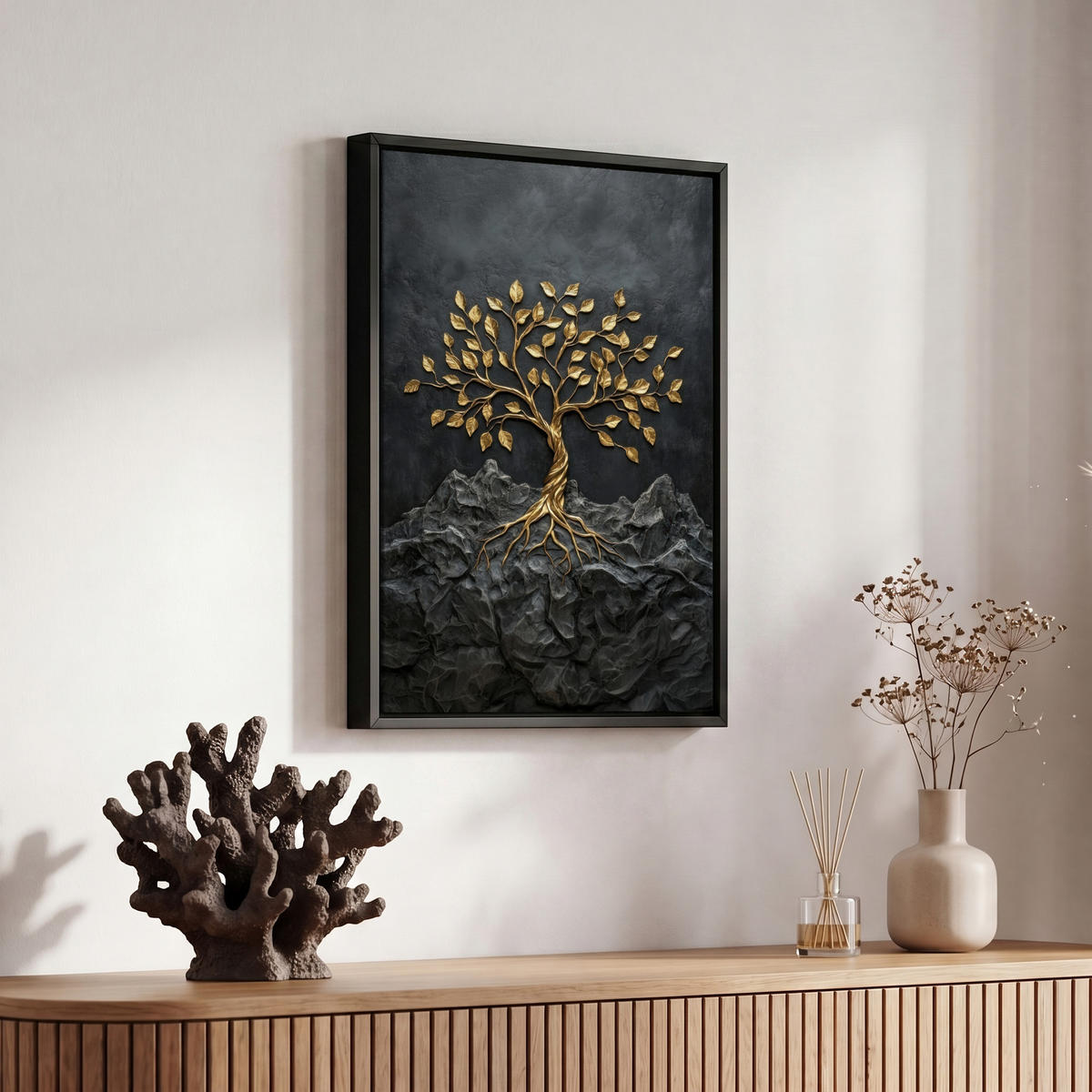 LEINWAND Bilder mit Rahmen - Blätter - Gold - Baum - Fels - 20x30 - Schwarz, Textil (20/30cm) - MuchoWow