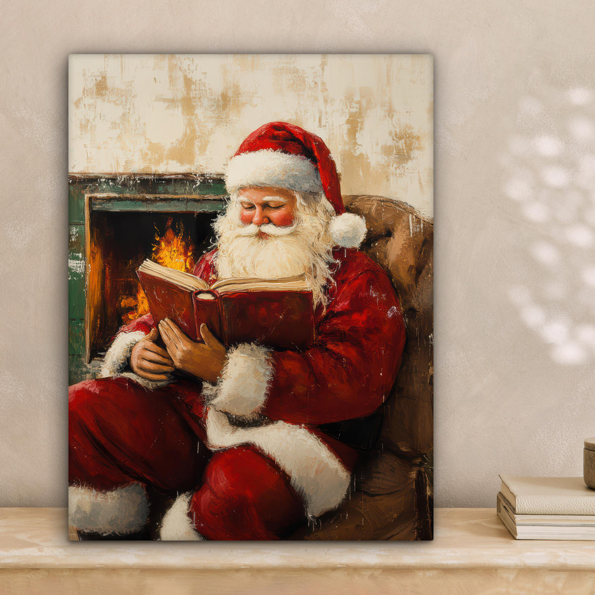 LEINWANDBILD Weihnachten - Weihnachtsmann - Winter - Open Fireside 30x40 cm - Dunkelrot, Textil (30/40cm) - MuchoWow