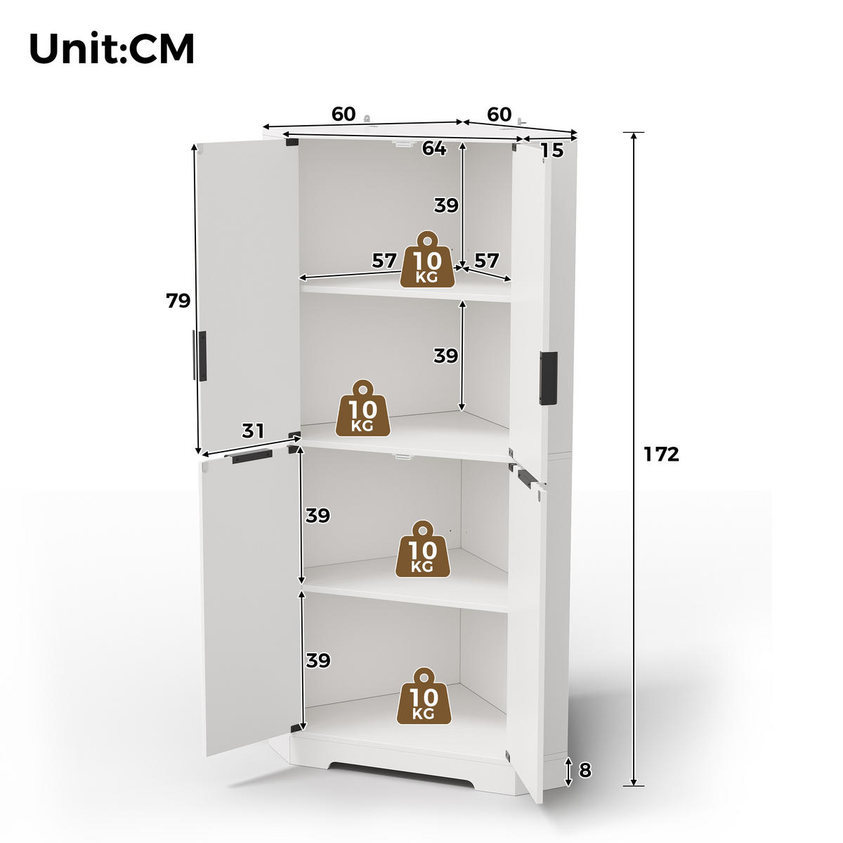 HIGHBOARD DE-38719 60/60/172 cm 4 Türen und verstellbare Böden Weiß - Weiß, Holzwerkstoff (60/172/60cm) - ComfortXL