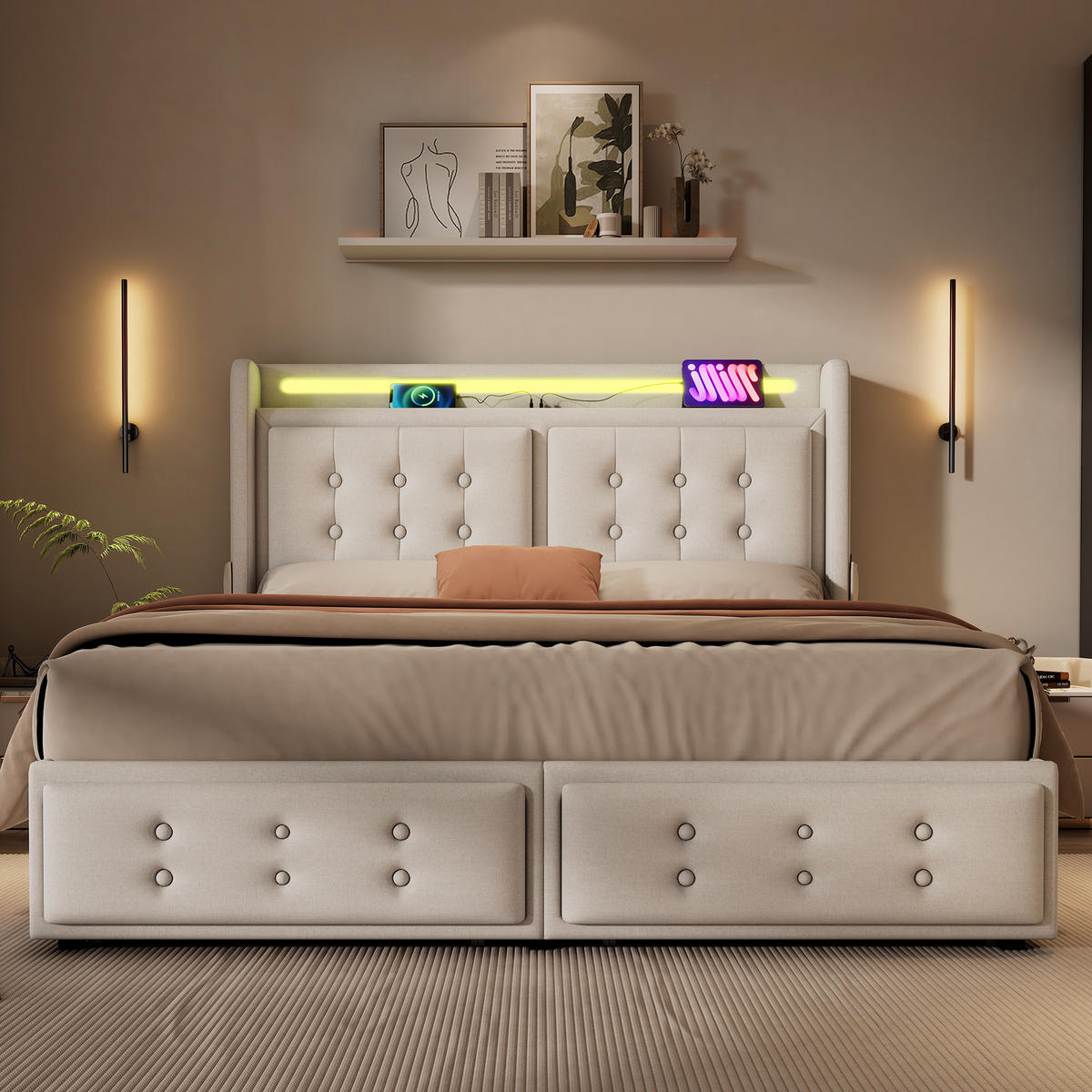 TAPECIRANI krevet od pamučno-lanene tkanine 180x200 cm bež s LED rasvjetom, USB/Type-C priključcima i 4 ladice - bež, tekstil (180/200cm) - Modfu