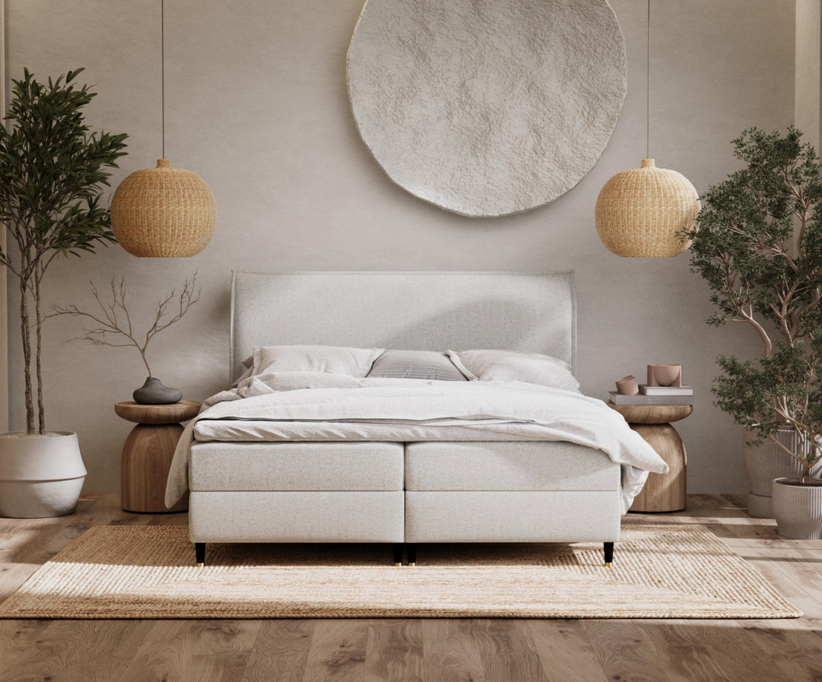 BOXBETT Melba Hellbeige 140/200 cm mit Bonellmatratze - Beige/Schwarz, Holz/Holzwerkstoff (140/200cm) - Maison de Reve