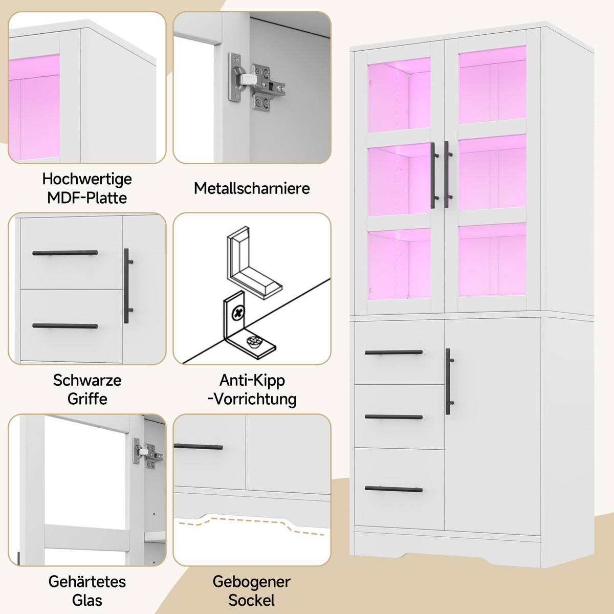 BUFFET Multifunktionaler Vitrinenschrank mit LED Lichtband, Glastüren und verstellbaren Böden Weiß modern MDF/Glas - Weiß, Glas/Holzwerkstoff (72/170/35cm) - EVRYAE