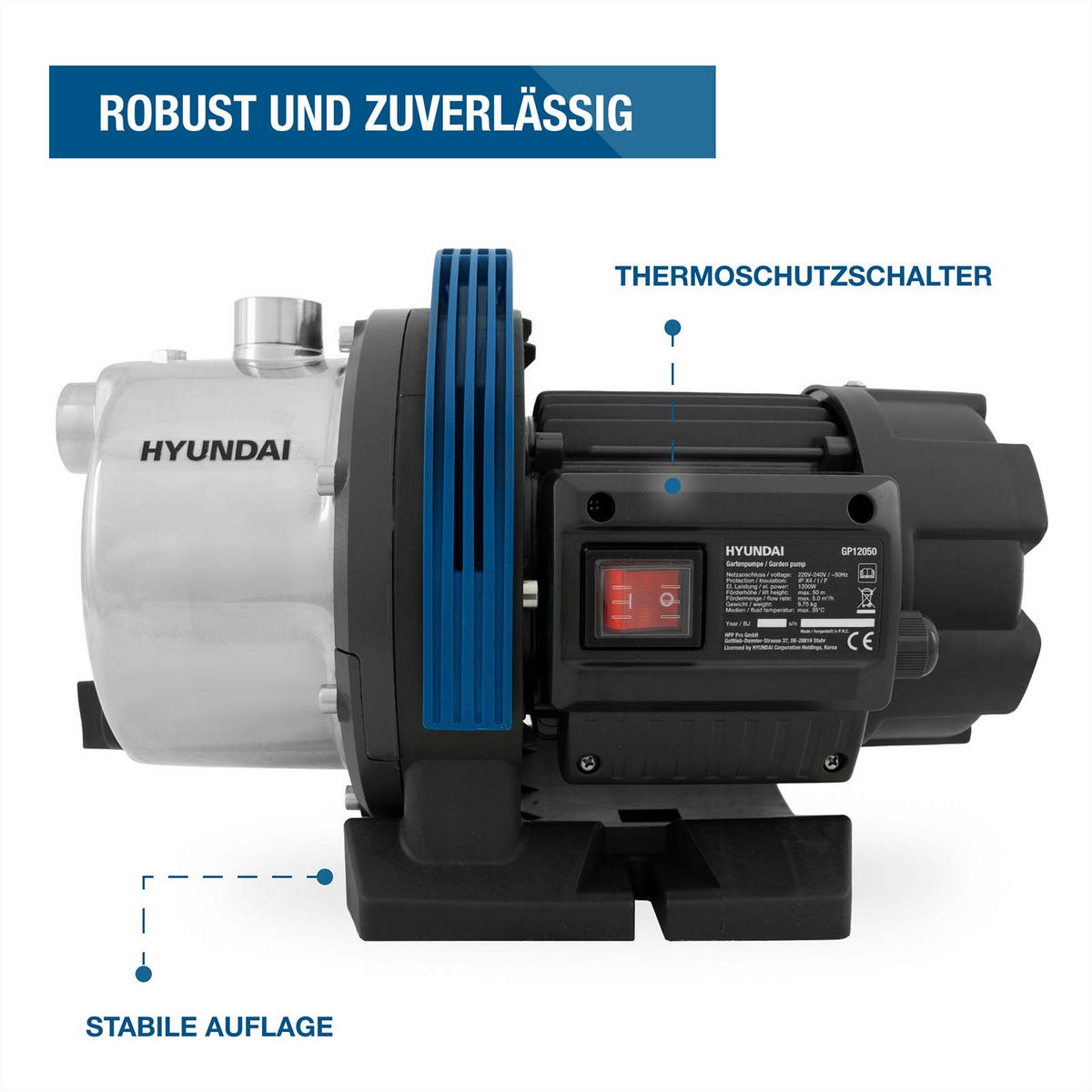 GARTENPUMPE GP12050 (1200W, 5.000 l/h, Förderhöhe max. 50m, Ansaughöhe max. 8m) - Schwarz, Kunststoff (22.1/23.7/37.1cm) - HYUNDAI