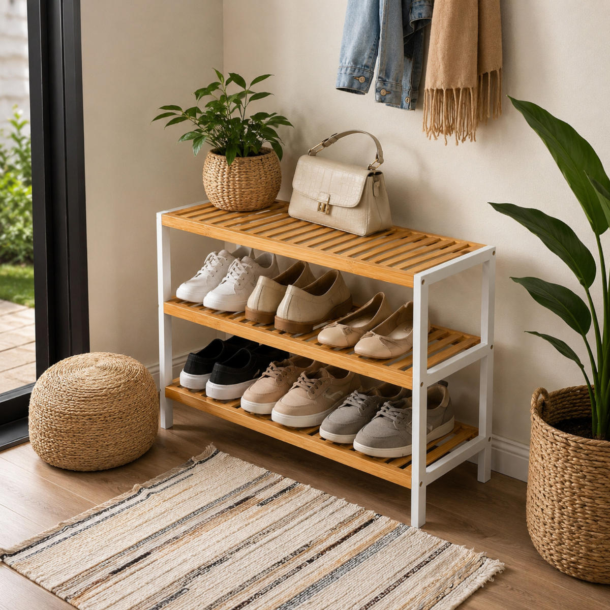 SCHUHREGAL Bambus Weiß Naturfarben 55x70x26 cm - Naturfarben/Weiß, Holz (70/55/26cm) - Begryf