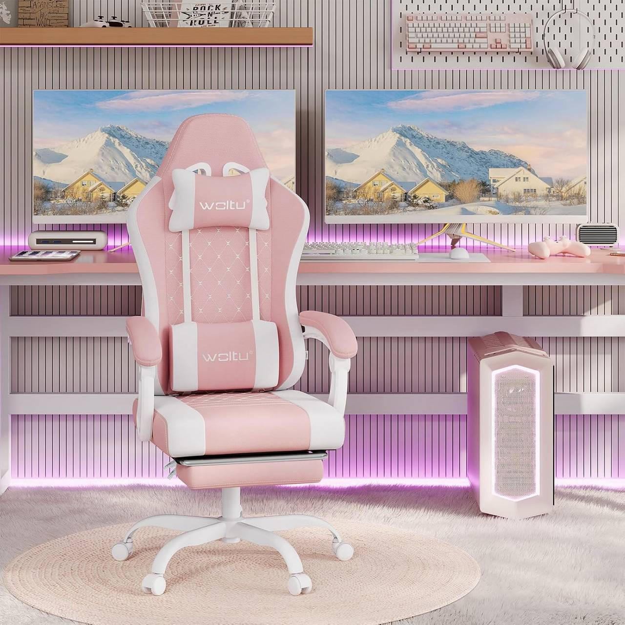 GAMINGSTUHL mit Massagefunktion, Netzstoff, Rosa+Weiß - Weiß/Rosa, Textil/Metall (70/127/70cm) - Woltu