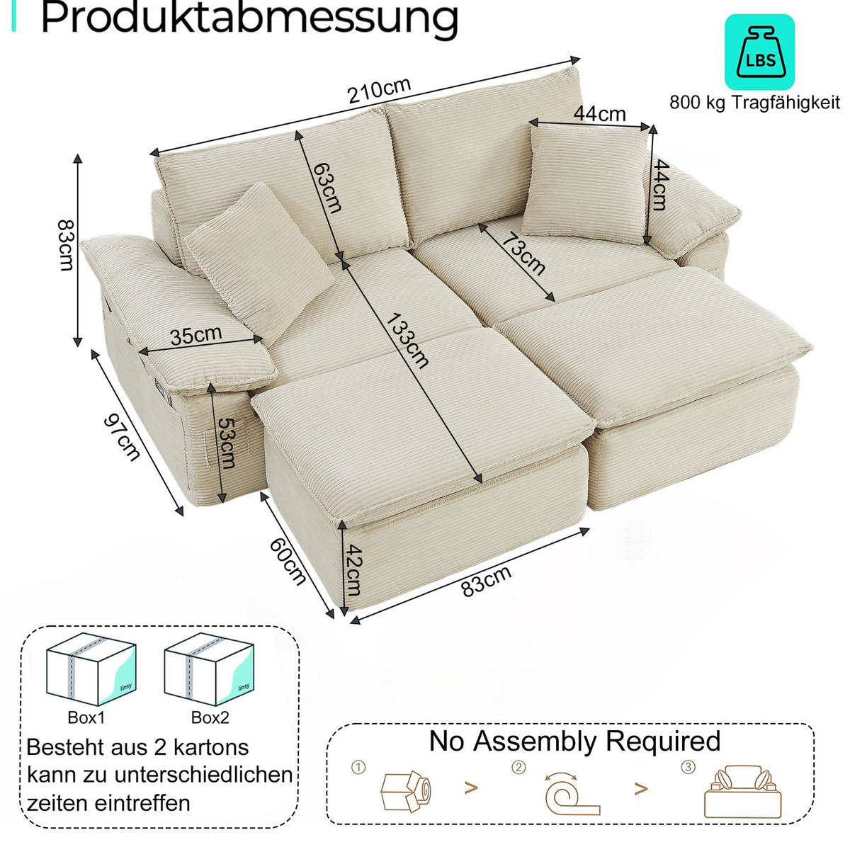 2-SITZER-BODENSOFA aus Stoff Beige ohne Montage mit Fußhocker und Aufbewahrungstaschen - Beige, Textil (156/65/206cm) - Modfu