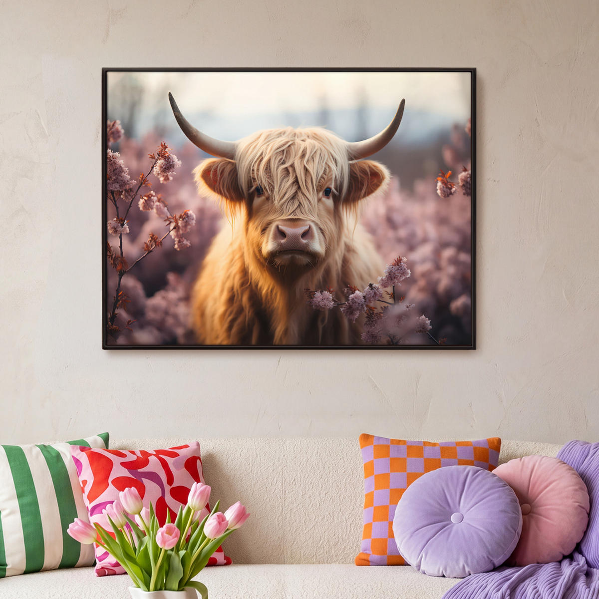 LEINWAND Bilder mit Rahmen - Schottischer Hochländer - Frühling - Hochland - 100x70 - Hellrosa, Textil (100/70cm) - MuchoWow
