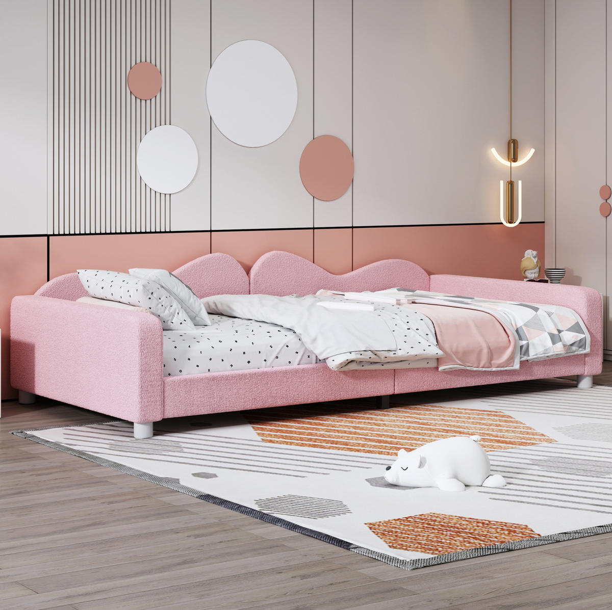 KINDERBETT 90/200 cm als Schlafsofa mit Rückenlehne, Armlehnen und Teddystoff, Rosa - Rosa, Textil (90/200cm) - Redom