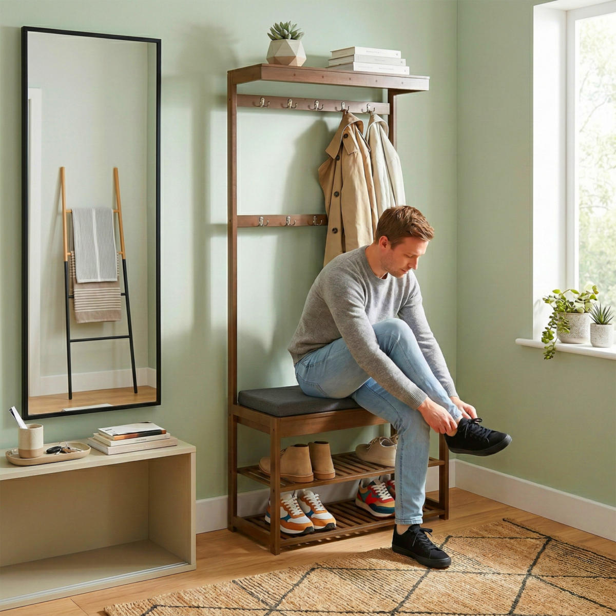 VĚŠÁK na kabát - hnědá, dřevo/textil (70/175/33cm) - Relaxdays