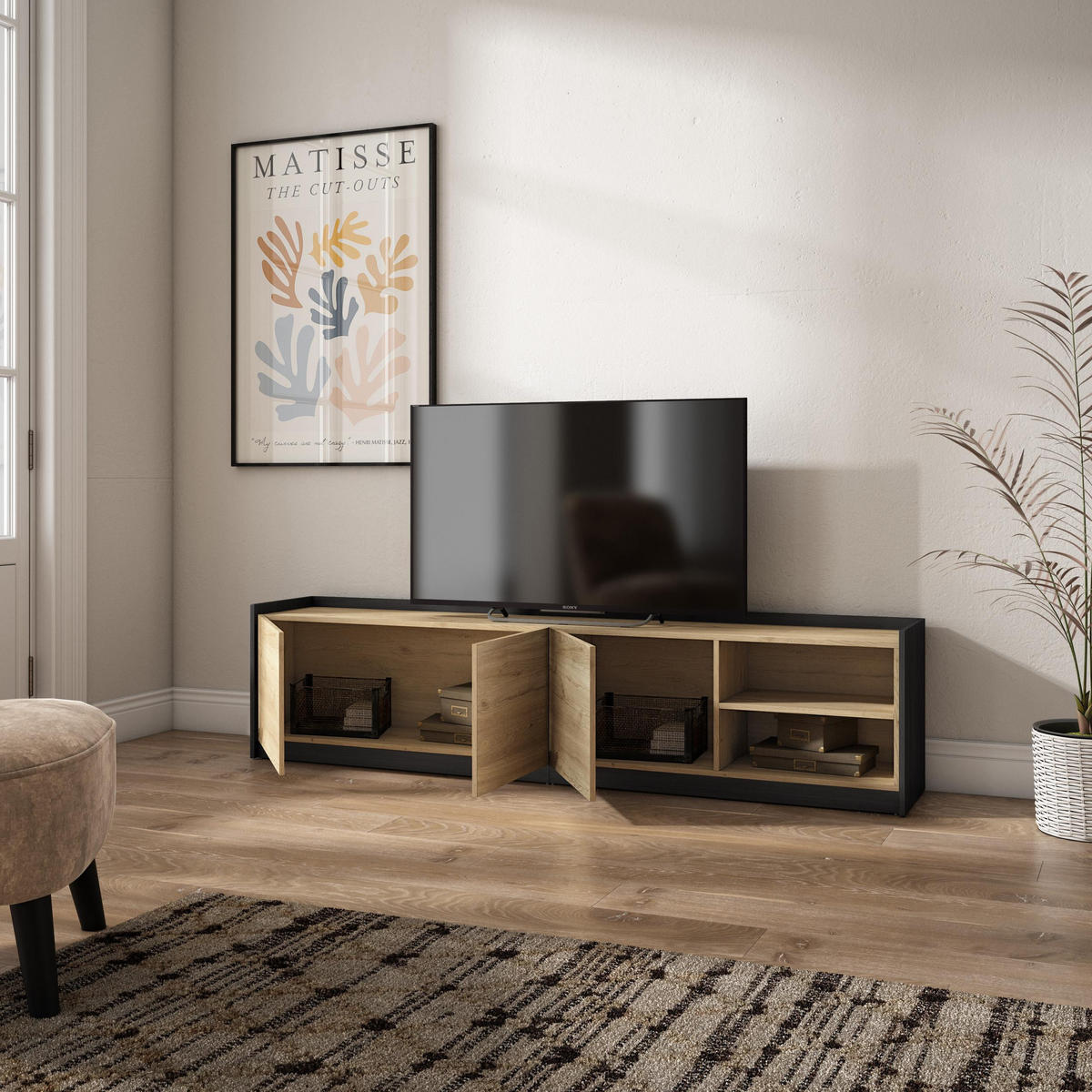 TV-SCHRANK, Lowboard, 207/37/50cm, Für TV-Geräte bis zu 80", Eiche Schwarz - Eichefarben, Holzwerkstoff (207/50/37cm) - Skraut Home