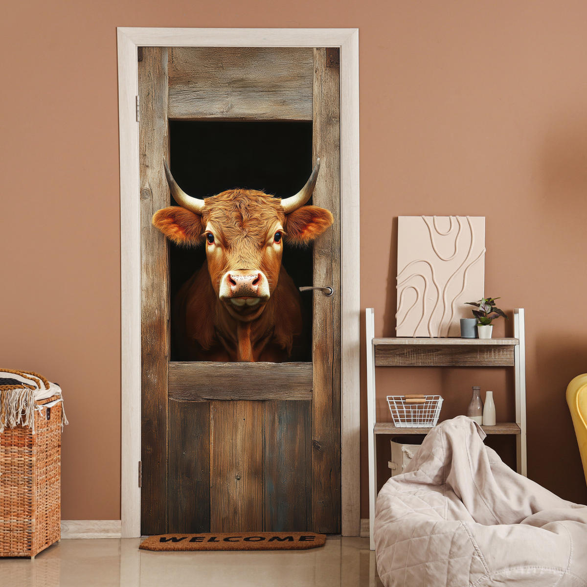 FOTOTAPETE Tür - Kuh - Fenster - Holz - Tiere 95x215 cm - Wengefarben, Kunststoff (95/0.1cm) - MuchoWow