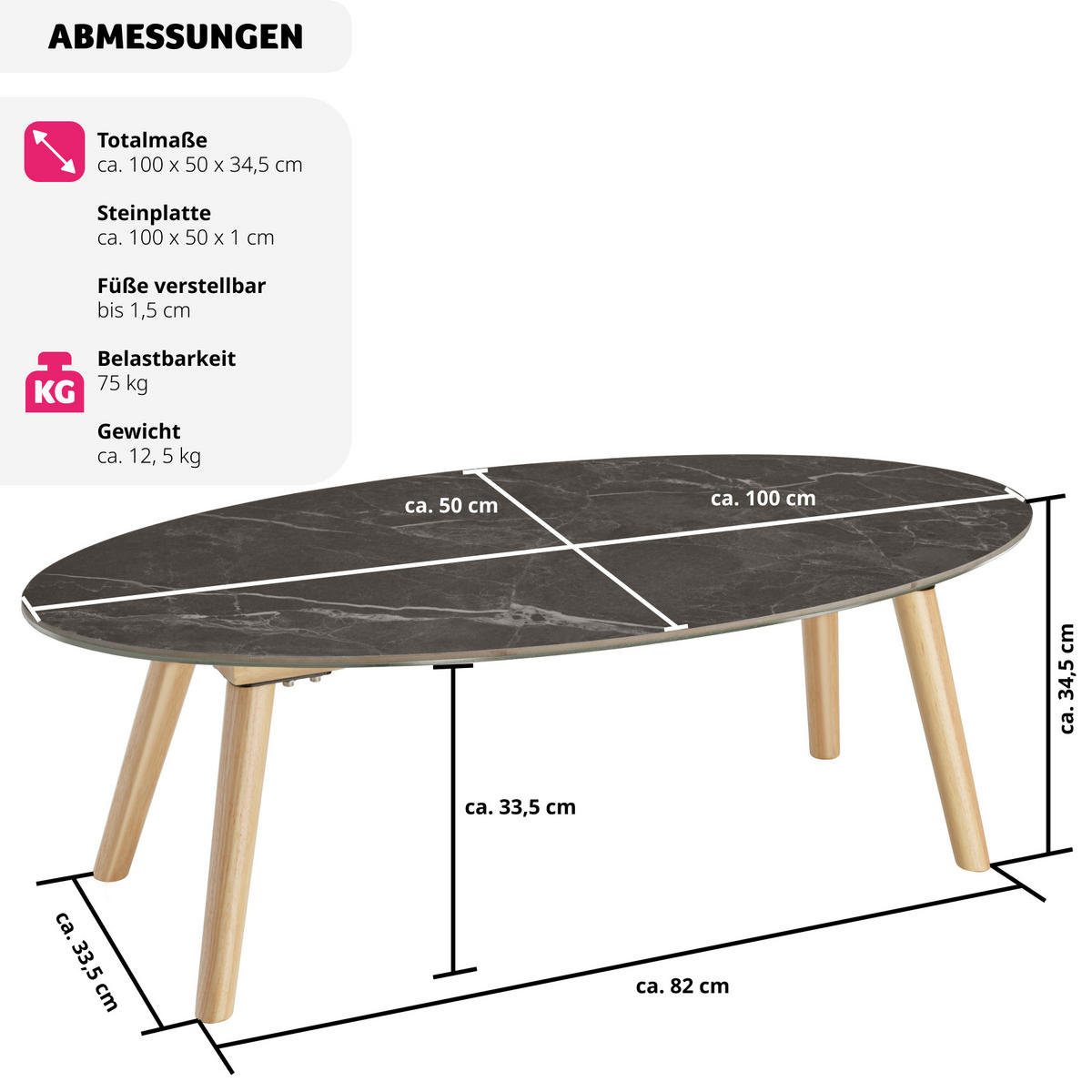 COUCHTISCH oval Acerra, 100 x 50 x 34, 5 cm, natur - Naturfarben, Stein (100/50/34.5cm) - tectake