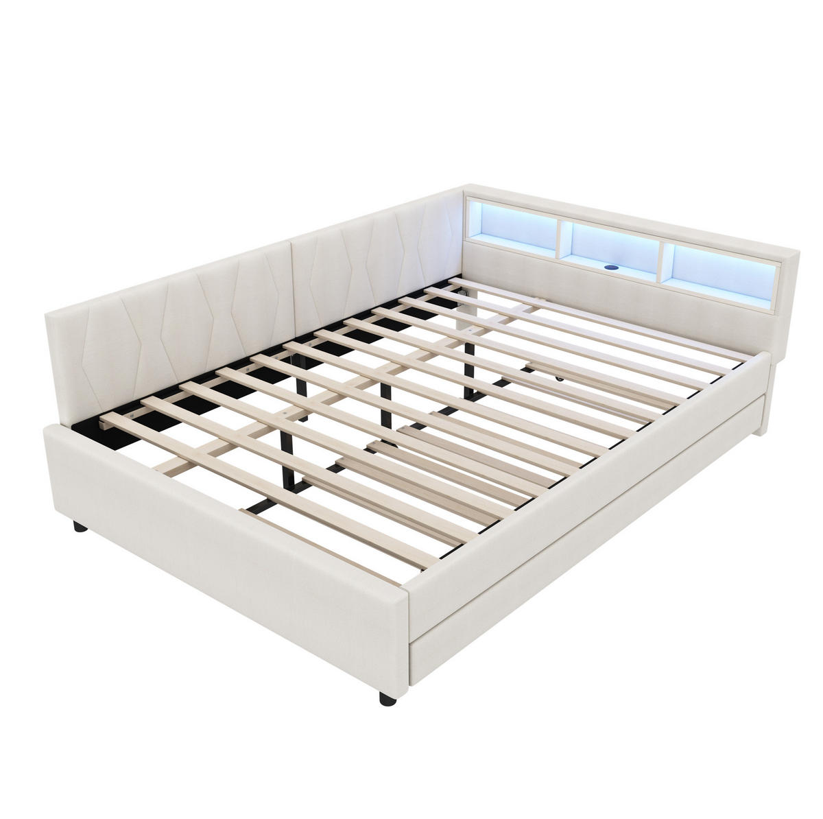 POLSTERBETT aus Leinen 140x200 cm in Beige mit LED & USB-C - Beige, Textil (140/200cm) - Modfu