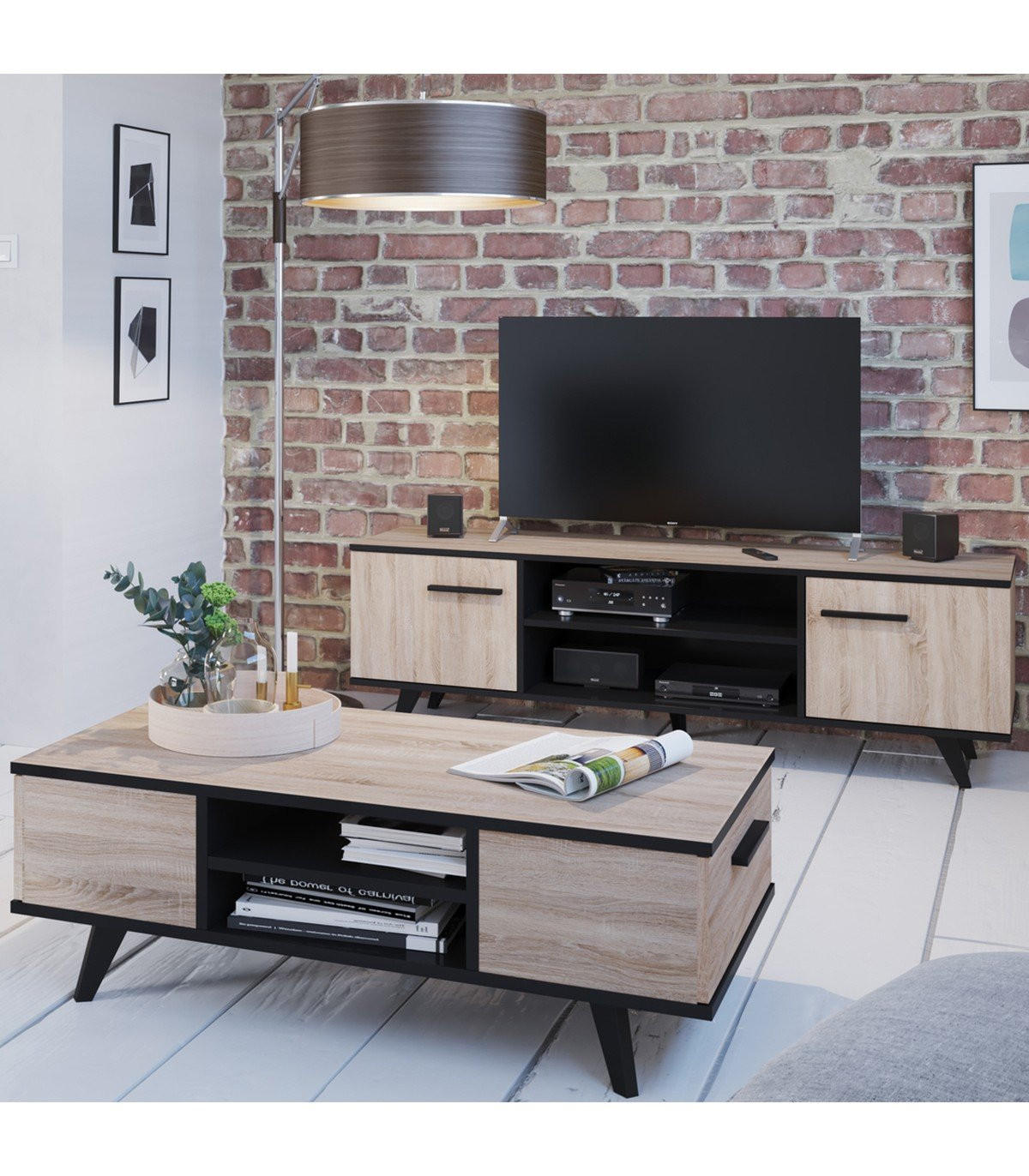TV-MÖBEL mit 2 Türen und 2 Nischen L151,4 cm - Wayne - Schwarz/Eiche Artisan, Holzwerkstoff (39.3/46.2/151.4cm) - Calicosy