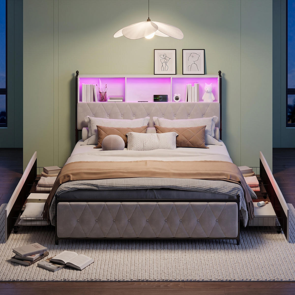 POLSTERBETT 160x200 cm mit USB- und LED-Kopfteil, Bett mit Stauraum und 4 Schubladen, Lattenrost, Samt, Beige - Beige, Holz/Metall (160/200cm) - GENKI LIVING