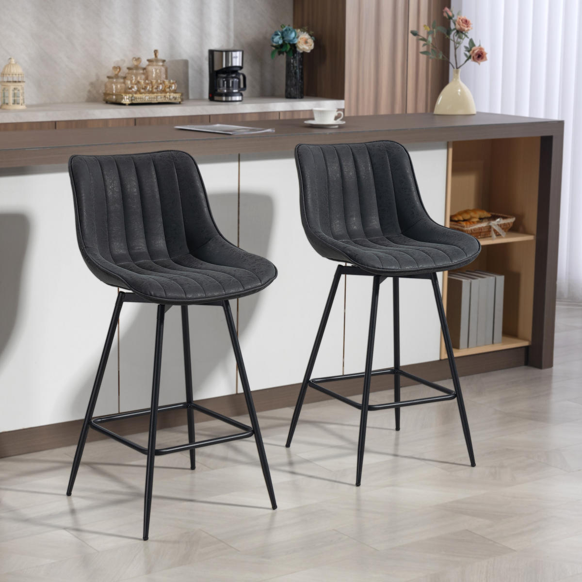 BARSTUHL 2er Set PU Schwarz - Schwarz, Kunststoff/Metall (47/97.5/54.5cm) - HOMCOM