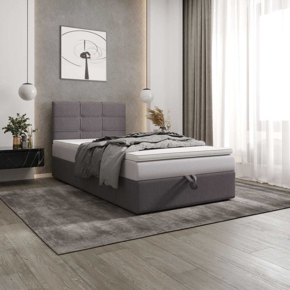 BOXBETT DUO 2 100x200 Cosmic 160, mit Matratze H3, Bonell und Topper, Hellgrau - Hellgrau, Holz/Kunststoff (100/200cm) - Bedante