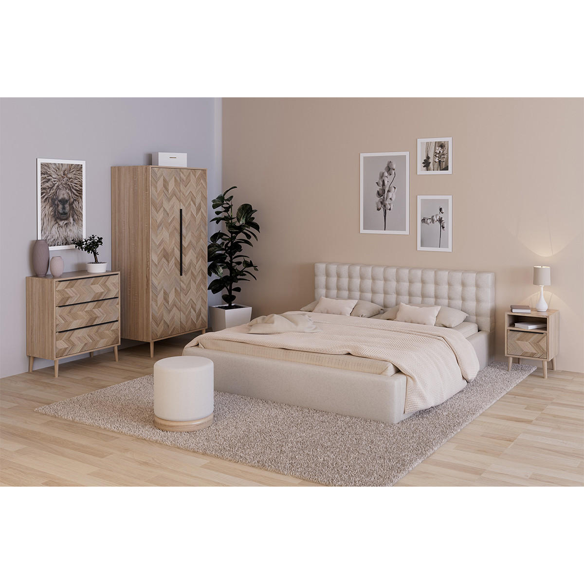 KOMMODE mit 3 Schubladen in Sonoma Eiche und Fischgrätmuster L80 cm - Torun - Eschefarben, Holzwerkstoff (38.5/87/80cm) - Calicosy