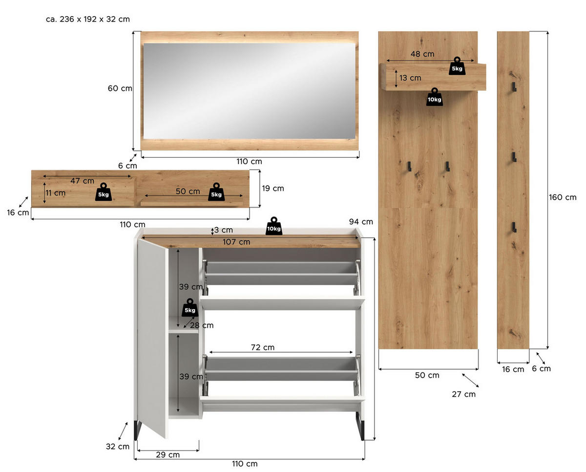 GARDEROBE inkl. Beleuchtung Flow 6-tlg. (B/H/T: ca. 236/192/32 cm) in Weiß/weiß - Weiß, Holzwerkstoff (236/192/32cm) - Homes & Jones