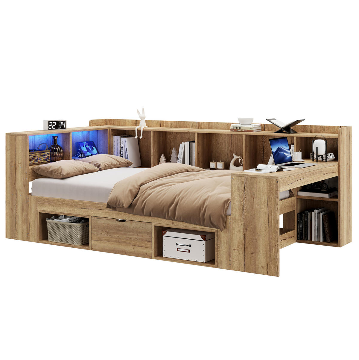 KINDERBETT 90/200 cm mit LED-Beleuchtung, USB- und Type-C-Anschluss, Schreibtisch und Stauraum, Naturfarbe - Naturfarben, Holzwerkstoff (90/200cm) - Redom