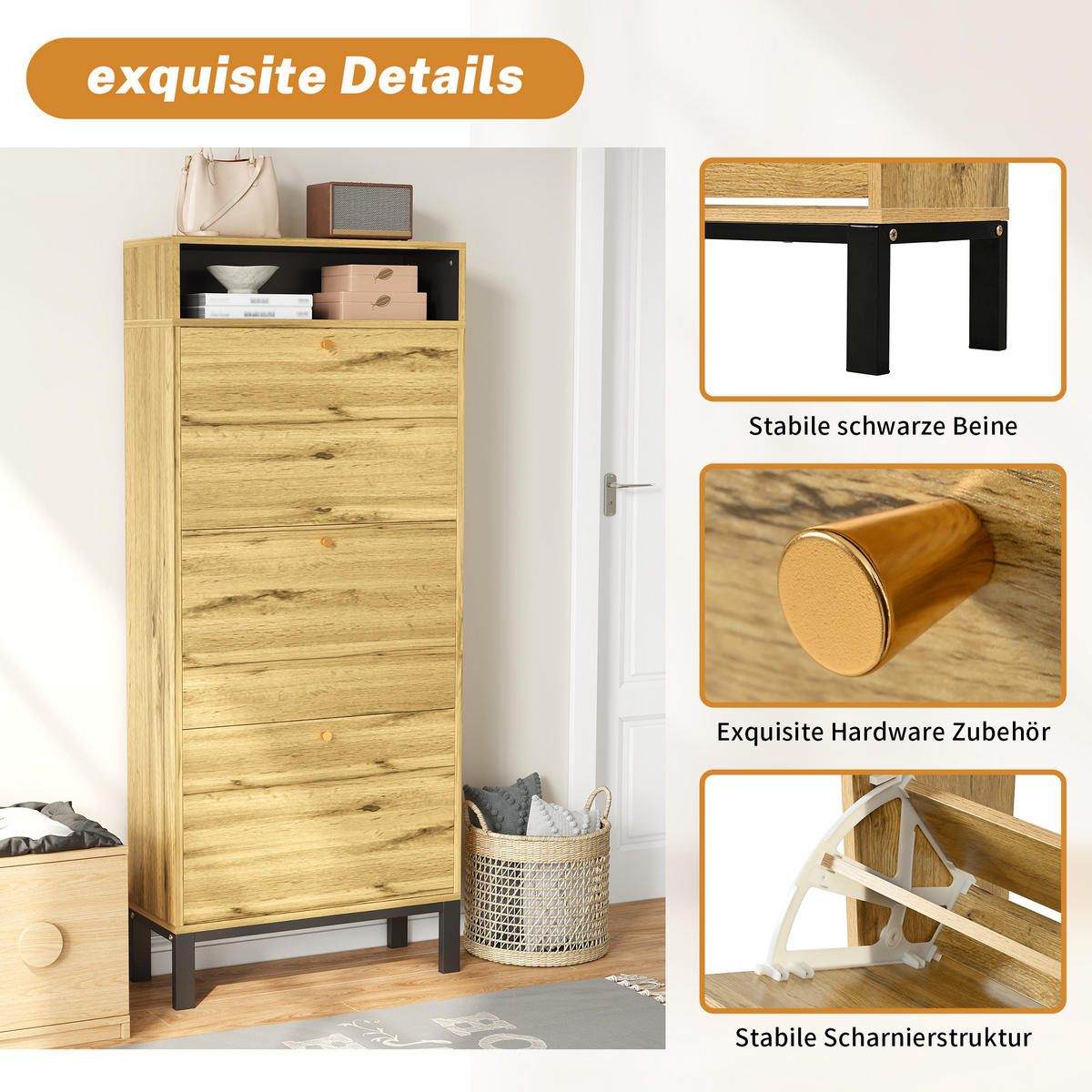 HOCHSCHUHSCHRANK 63/24/147 cm mit 3 Klappen in Naturfarbe, schmales Design - Naturfarben, Holzwerkstoff (63/147/24cm) - BEAOK