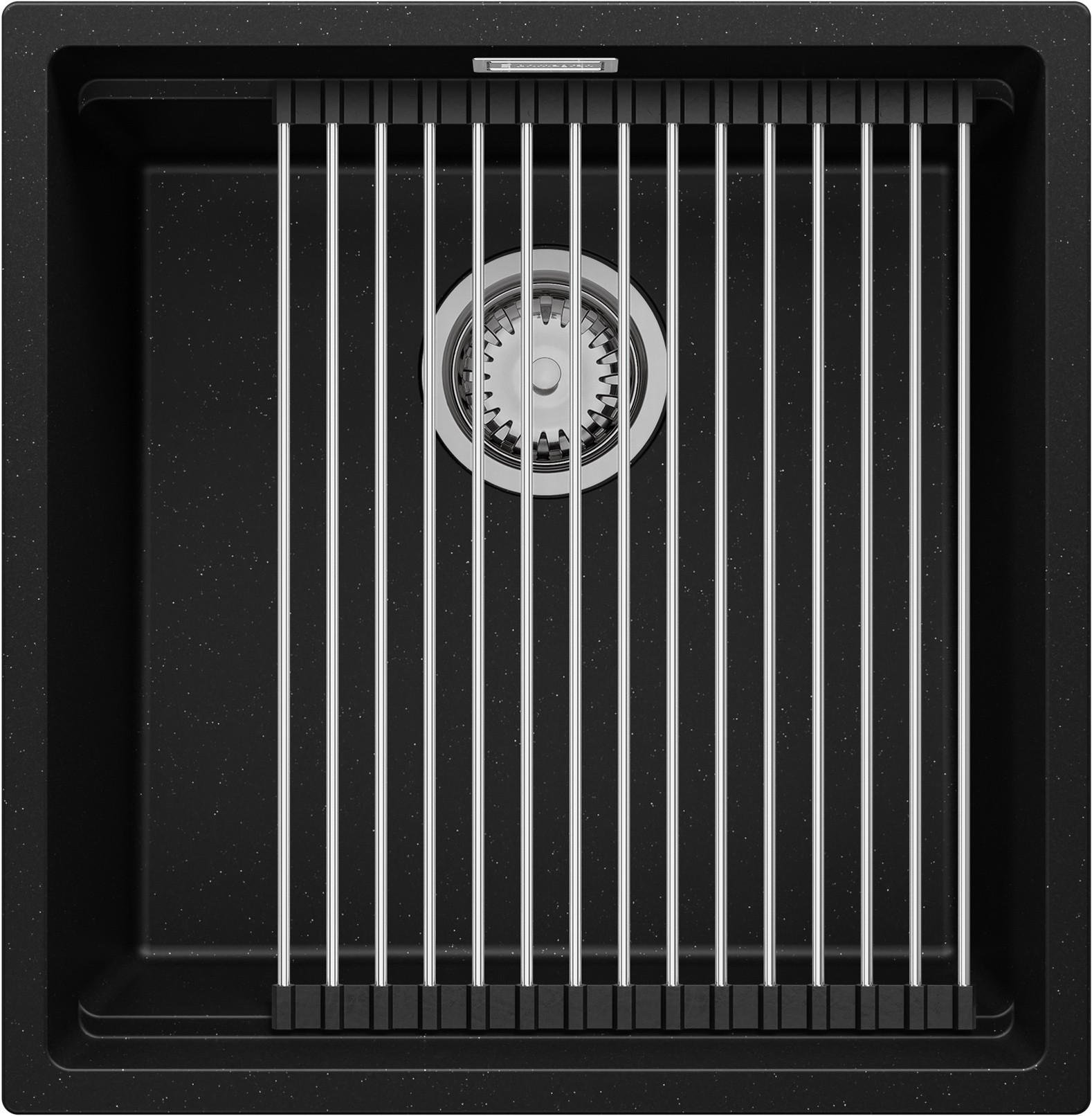 SPÜLBECKEN Praga Slim, 2-er set Schwarz Metallic 46/47 cm 1 Becken + Ablauf-Set + Aufrollbare Abtropffläche ab 50er Unterschrank - Chromfarben/Schwarz Hochglanz, Kunststoff (46/20/47cm) - Primagran