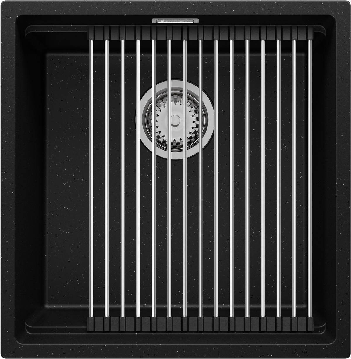 SPÜLBECKEN Praga Slim, 2-er set Schwarz Metallic 46/47 cm 1 Becken + Ablauf-Set + Aufrollbare Abtropffläche ab 50er Unterschrank - Chromfarben/Schwarz Hochglanz, Kunststoff (46/20/47cm) - Primagran