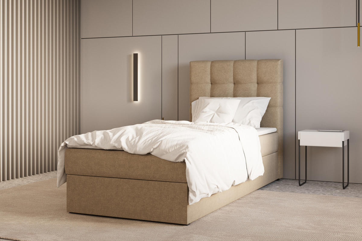 BOXBETT - Bett 05 OSLO - Hugo - 90x200 cm - mit Bettkasten und Waschbarem Topper - Cappuccino, Holz (90/200cm) - ROYAL24_MARKT