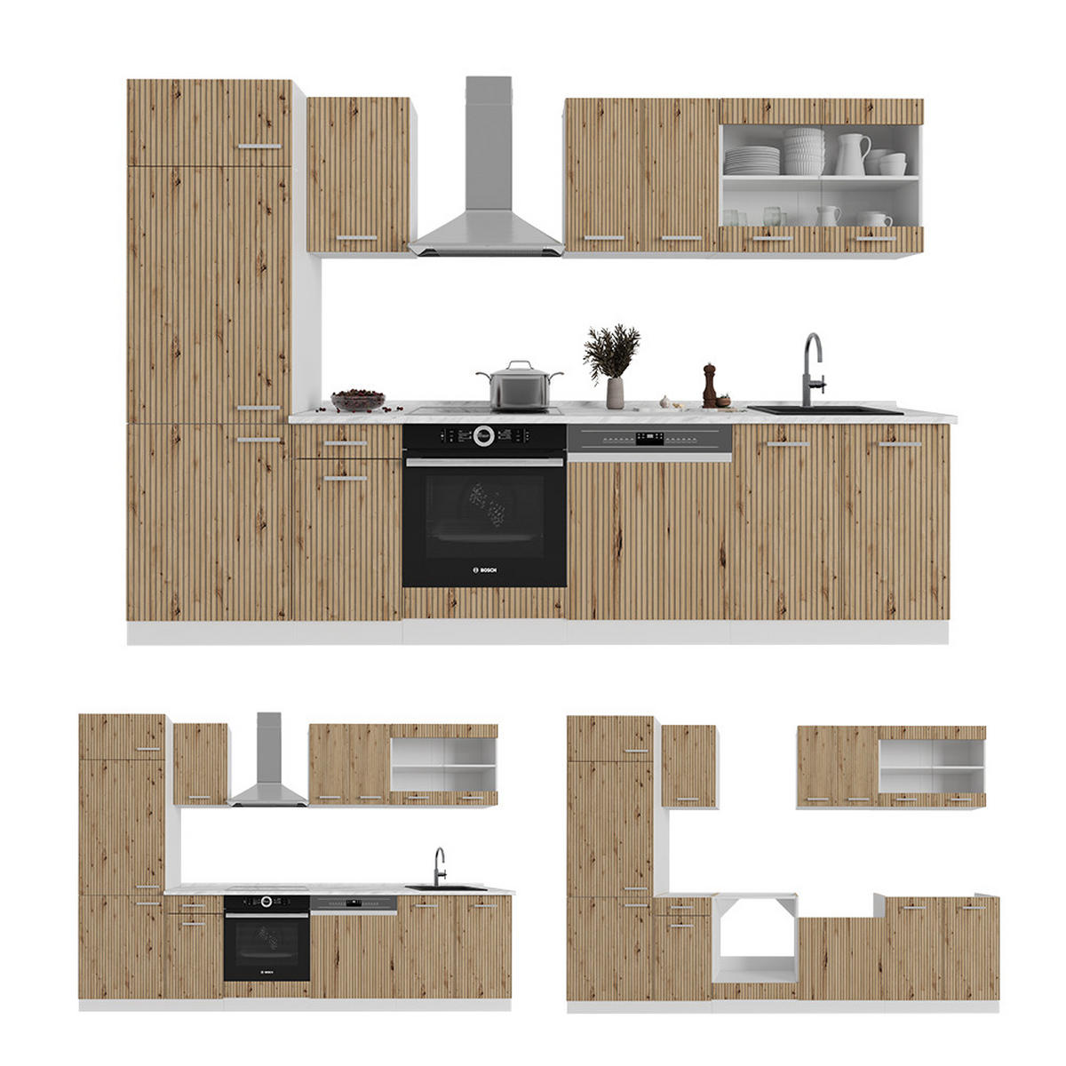 KÜCHENZEILE R-Line Artisan Eiche/Weiß 300 cm, AP Eiche - Eiche Artisan/Weiß, Holzwerkstoff (300/81.6/60cm) - Vicco