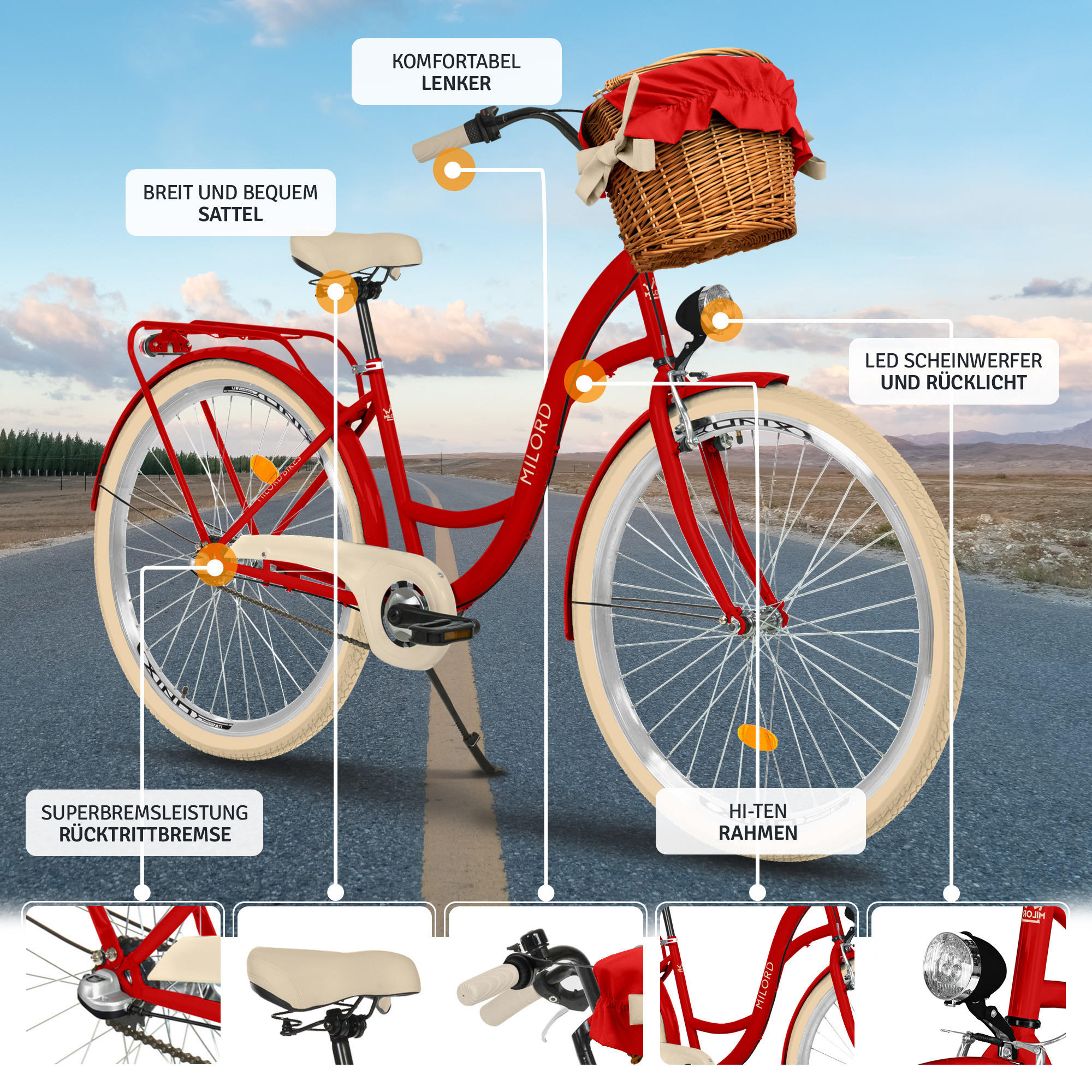 CITY-FAHRRAD Milord mit Weidenkorb, 26 Zoll, Rot, 3-Gang - Rot, Metall (46cm) - Milordbikes